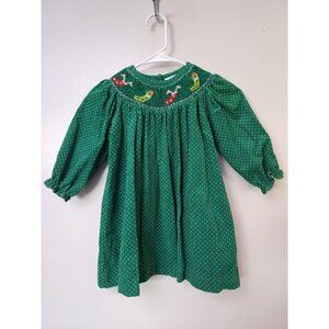 Girls VTG RARE EDITIONS Green Corduroy Dress 2T Christmas Smocked Embroidered